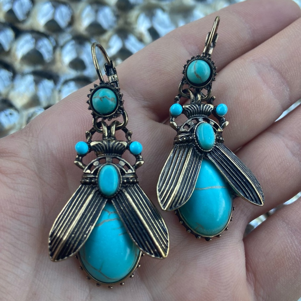 Turquoise Scarab Drop Earrings - Picture 7 of 7